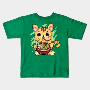 Kawaii Cat Eating Ramen Kids T-Shirt